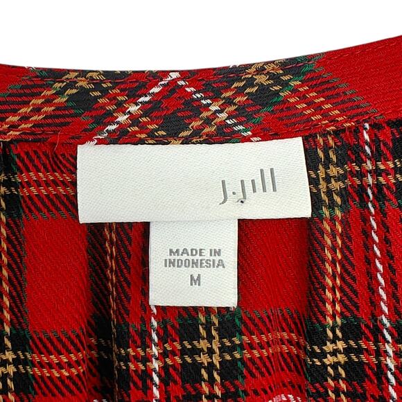 J Jill Tartan Plaid Top Size Medium Red Button Up Long Sleeve Ruffle Tiered - Picture 8 of 11